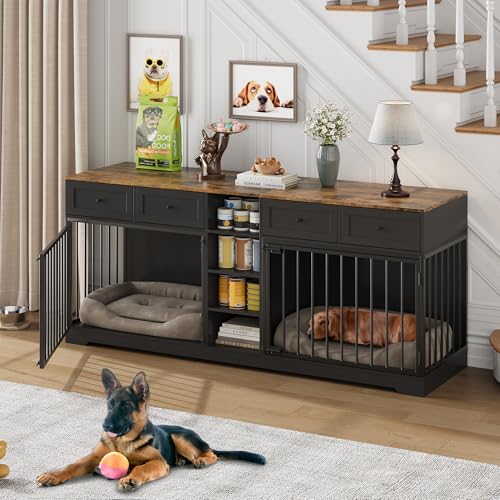 GAOMON Dog Crate Furniture for 2 Dogs, 82'' Large Dog Kennel Indoor with 4 Storage Drawers and 4 Shelves, Double Dog Crate TV Stand for Medium and Large Dogs, Black GAOMON