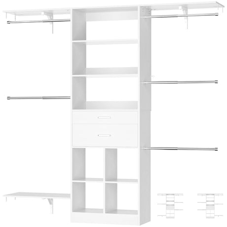 Small Closet System - 5FT Closet Organizer System with Wooden Drawers, 60 Inches Walk In Closet System With 5 Hanging Rods, Can Fit 1.58 to 6.8 FT with Reversible Hanging Shelving, White Besiost