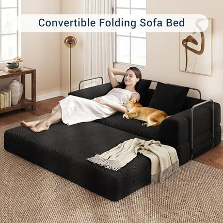 Cloud Boneless Convertible Sofa Bed, 4-in-1 Foldable Compressed High-Density Sponge Sofa, 70" Corduroy Fabric 3 Seater Sleeper Couch Futon Daybed for Living Room Bedroom (Black) Living&Giving