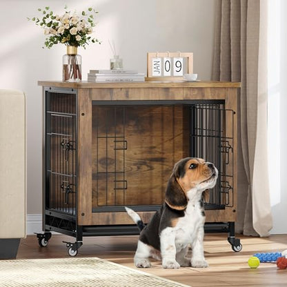 YITAHOME Dog Crate Furniture with Cushion, Dog Kennel Indoor with Wheels, Dog Crate End Table with Tray, 27" Dog Cage with Double Doors for Small Dog (Rustic Brown)