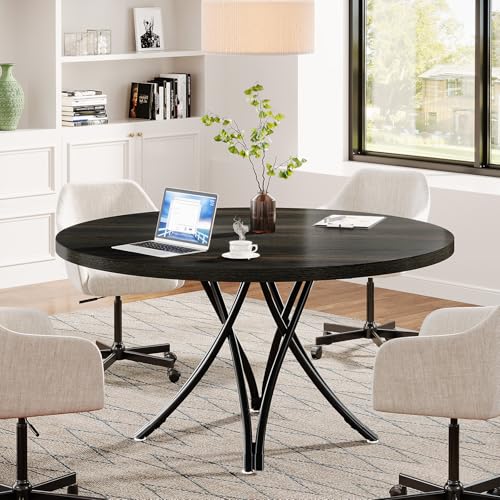 Tribesigns 47" Round Conference Table for 4-6, Modern Office Meeting Table with Metal Cross Legs for Office, Conference Room, Small Spaces (Black) Tribesigns