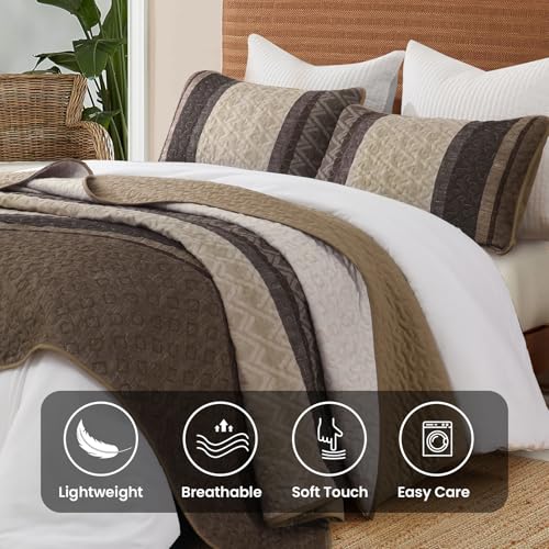 Dinjoy Queen Quilt Set Taupe, Striped Bedspread Queen Size Brown Bedding Sets 3 Pieces Micofiber Lightweight Quilts with 2 Pillow Shams Coverlet Bed Sets for Women Men 96''x90'' Dinjoy