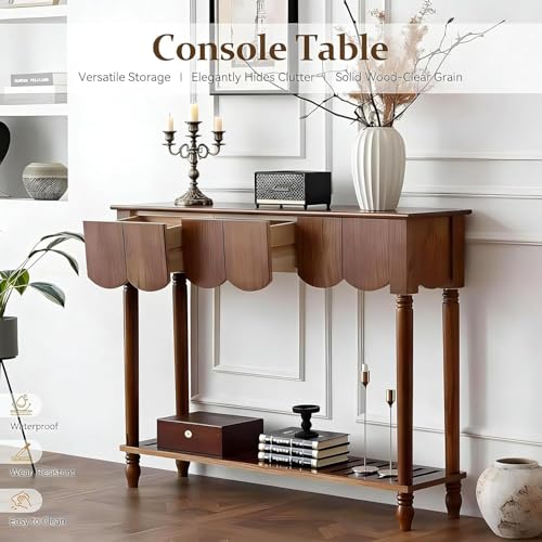 UACSYBH Wood Scalloped Console Table with 3 PCS Drawers, Narrow Entryway Table with Storage Shelf, Mid-Century Hallway Accent Table, Behind Couch Sofa Table Space-Saving (46.4" - 3 Drawers) UACSYBH