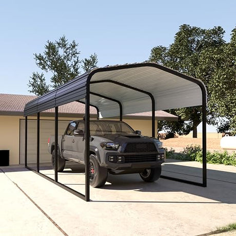 MUPATER Outdoor Carport Canopy 10' x 15', Metal Carport Tent Heavy Duty, Garage Car Shelter Shade with Metal Roof, Frame and Bolts for Car, Truck and Boat, Grey and Silver MUPATER