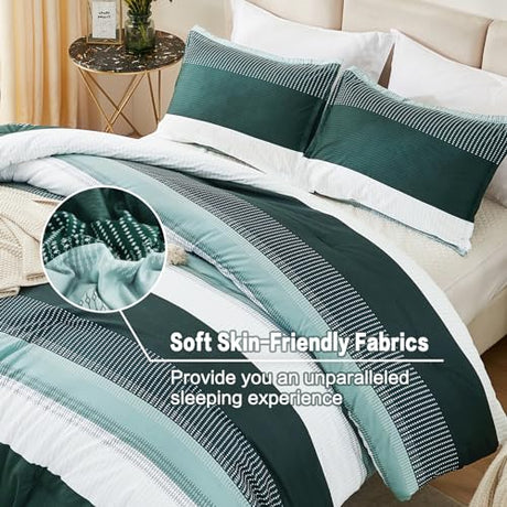 Litanika Dark Emerald Green Bed Comforter Twin/Twin XL Set, 2 Pieces Twin Extra Long Size Boys Men Forest Bedding Set, Single Colorblock Striped Bed Set Litanika