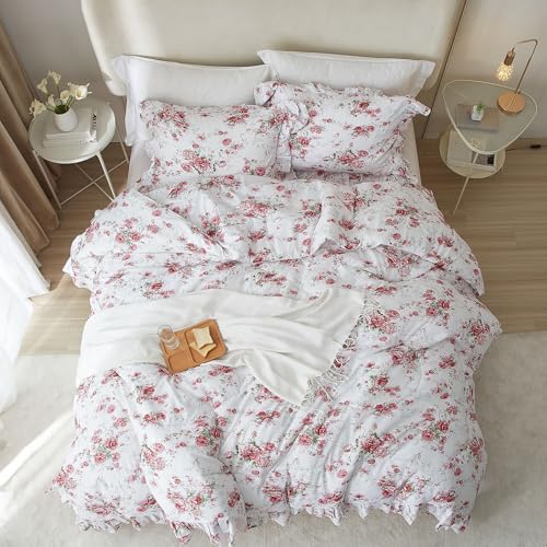 VM VOUGEMARKET Ruffle Comforter Set Twin XL Red Rose Flower Comforter Romantic Floral Bedding Set Soft Microfiber Botanical Bedding Comforter Set 1 Flower Ruffled Comforter with 2 Pillowcases VM VOUGEMARKET