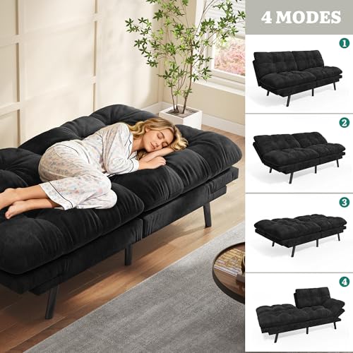 YITAHOME Futon Sofa Bed with 3-Position Adjustable Backrest & Armrests, Upholstered Loveseat Couch Bed, Expandable Foldable Design for Living Room, Bedroom, Small Apartments, Black YITAHOME