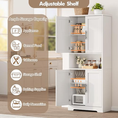 LIZHOUMIL 70" Tall Bathroom Storage Cabinet with Doors, Adjustable Shelves and Open Center Storage, Freestanding Bathroom Organizer,White LIZHOUMIL
