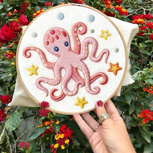 INFUNLY 4 Sets Embroidery Kit for Beginners with Sea Animals Pattern DIY Embroidery Kit for Adults Ocean Embroidery Art Kit Turtles/Seahorses/Octopuses/Whales Cross Stitch Kit with Embroidery Hoops