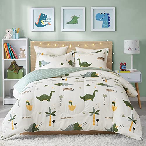 Joyreap Dinosaur Kids Cotton Comforter Set for Boys Girls, Twin Size 3pcs Cotton Bedding Comforter, Fresh Green Dinosaurs on White Design, Skin-Friendly Breathable for All Season- 68x88 inches Joyreap