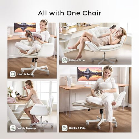 amseatec Criss Cross Chair with Armrests & Wheels, PU Leather Vanity Chair, Comfortable Adjustable Swivel Computer Office Desk Chairs for Home, Make Up, Bed Room (White) amseatec