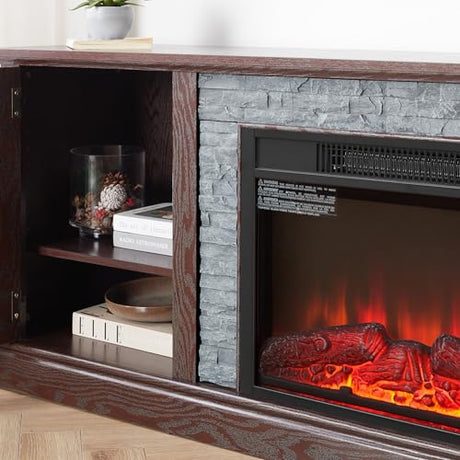 70" W Modern Electric Fireplace with Mantel, Fireplace TV Stand with Realistic Stacked Stone, 3D Flame Effect, Entertainment Center for TVs Up to 75", TV Console Table for Living Room (70" W & Cherry) Eyisean