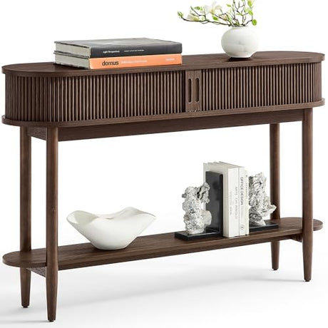 LINSY Fluted Console Table with Storage, Entryway Table Wood Entrance Tables for Front Door, Behind Couch Sofa Table with Shelves, Foyer Tables for Hallways, Living Room Vintage Furniture, Walnut LINSY
