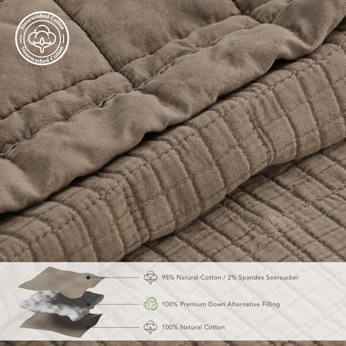 EVERGRACEHOME Stonewashed Cotton Quilt Set Full Queen Size, Ultra Soft Oversized Bedspread Coverlet Set, Lightweight Crinkle Box Stitch Bedding Sets for All Season, with 2 Shams, Mocha Brown EVERGRACEHOME