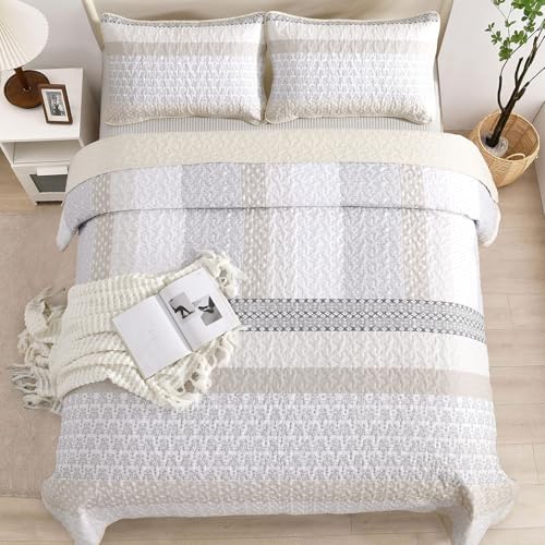 WONGS BEDDING Beige Quilt Queen Size, Bohemian Stripe Quilt Sets 3 Pieces Beige Boho Quilted Bedspread Set Lightweight Microfiber Coverlet Bedding Set All Season (96"x90") WONGS BEDDING
