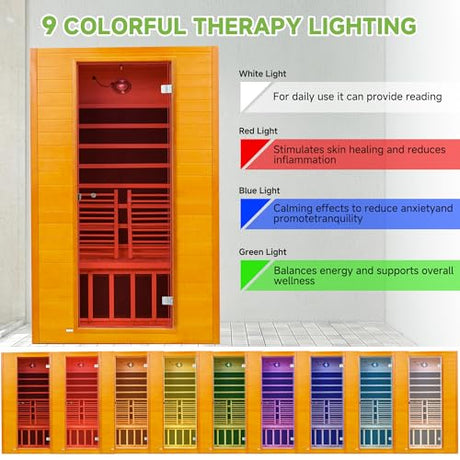 Real Relax Far Infrared Sauna for Home, 2 Person Indoor Home Sauna with Red Light Therapy, Canadian Hemlock Wooden Dry Heat Saunas Room with Bluetooth Speakers, 9-Color Chromotherapy Lights Real Relax