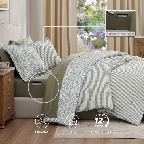 BLOOMHAVEN Queen Comforter Set - 7 Pieces Green Gauze Muslin Bedding Sets for All Seasons, Lightweight Breathable Bed in a Bag Queen with Revesible Farmhouse Comforter, Sheets, Pillowcases & Shams BLOOMHAVEN