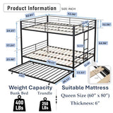 PVWIIK Queen Over Queen Metal Bunk Bed with Trundle for Kids,Heavy Duty Bunk Bed w/Ladder & Full Length Guardrail No Box Spring Needed,for Dorm,Bedroom,Guest Room, Black PVWIIK