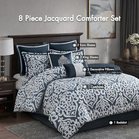 Madison Park Odette Cozy Comforter Set Jacquard Damask Medallion Design - Modern All Season, Down Alternative Bedding, Shams, Decorative Pillows, King(104 in x 92 in), Navy 8 Piece Madison Park