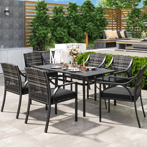 YITAHOME 7 Piece Patio Dining Set, Outdoor Patio Wicker Conversation Furniture Set with Umbrella Hole and All Iron Frame for Lawn Garden Backyard Deck, Soft Black Cushions (Black) - WoodArtSupply