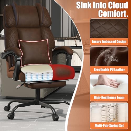 Ergonomic Office Chair with Footrest, 400lbs High Back Executive Home Office Computer Chair with Unique Ear-Shape Headrest for Neck Support,Coffee Leather Office Chairs for Home Office Work Hihady