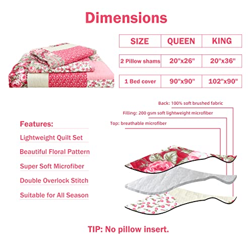 Cmfshape Summer Floral Queen Quilted Bedspread,Romantic Pink Quilt Set Full,Reversible Stitched Bedding Set All Season,Soft Lightweight Coverlet with Pillow Cases (Hot Pink&Rose, Queen90 x90) Cmfshape