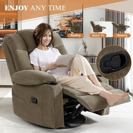 Vawobl Swivel Rocker Recliner Chair for Adults – Manual Glider Sofa with Massage, Heat & Vibration, 360° Rocking for Living Room or Nursery (Light Brown, 30"x30"x40") Vawobl