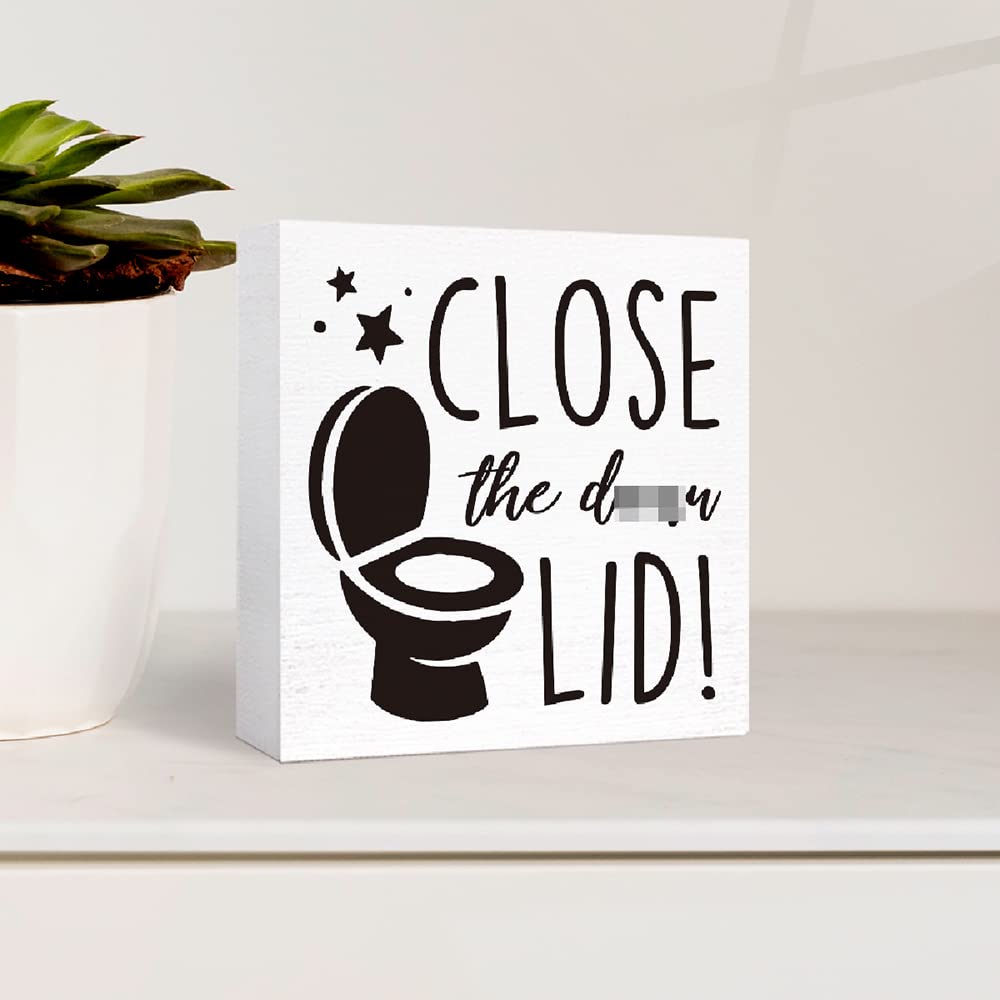 Funny Bathroom Wood Sign Close the Damn Lid Wood Block Sign for Bathroom Shelf Toilet Restroom Home Tabletop Desk Decor,Farmhouse Bathroom Wooden Box Sign SJNH
