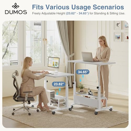 DUMOS 31.5" Manual Standing Desk, Height Adjustable Mobile Computer Desk with Lockable Wheels & 2-Tier Storage, Rolling Laptop Table for Small Spaces & Home Office, White DUMOS