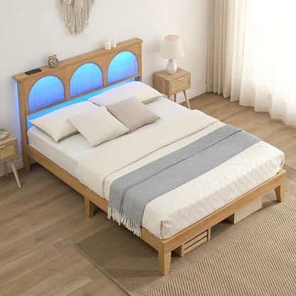 IDEALHOUSE Boho Queen Bed Frame with Natural Rattan Headboard and LED Lights - WoodArtSupply