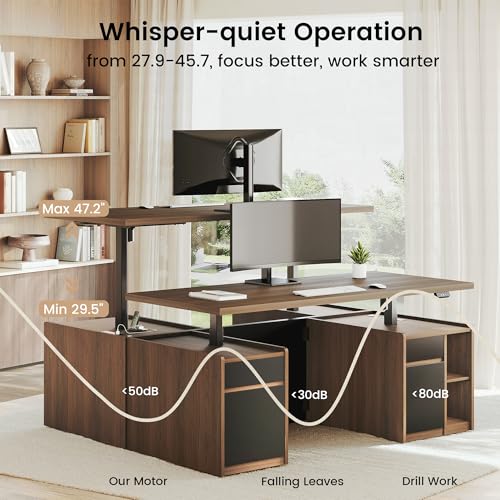 ModernMate Executive Standing Desk with Drawers & Storage, 71'' Adjustable Electric Stand Up Wood Desk with Privacy Panel, AC/USB, File Cabinet, Large One-Piece Destop for Home Office, Black Walnut ModernMate