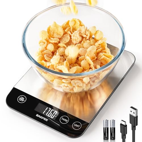 BakFee Food Scale, 33lb Rechargeable Kitchen Scale with Stainless Steel, Grams and Ounces, USB Charging, 1g High Accuracy for Baking, Cooking & Food Prep, Black, BK806