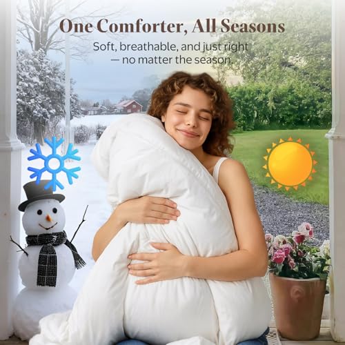 Oaken-Cat Goose Feather Down Fiber Comforter Twin Size - 100% Organic Cotton Shell All Season Duvet Insert, Medium Warmth Hotel Luxury Bedding Comforter(68x90 Inch, White) Oaken-Cat