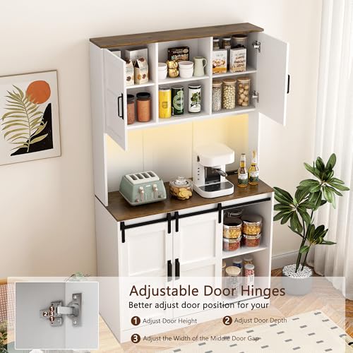 72" Kitchen Pantry with Wine Bar, LED Pantry Cabinet with 2 Sliding Doors & Open Shelf, Versatile Cupboard with 2 Doors & Charging Port for Living Room, Kitchen, Apartment, White AFANLAX