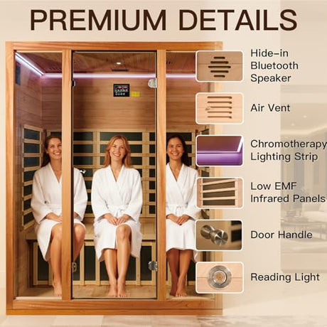 3 Person Infrared Sauna for Home, Low EMF, 7 Color Lighting, Immersive Bluetooth Speakers, Indoor Dry Sauna for Family Relaxation, 59.06" x 35.43" x 74.8",1960W/120V INFRADELUX