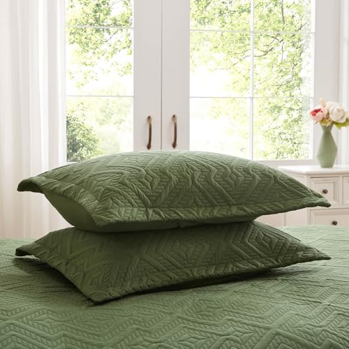 LEAONME Full/Queen Quilt Set 3 Pieces, Lightweight Olive Green Bedspread-90''x98'', Soft Microfiber Summer Quilt/Coverlet, Luxurious Warm Bedding Sets for All Seasons (Includes 1 Quilt, 2 Shams) LEAONME