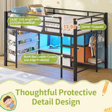 DICTAC Low Twin Loft Bed with Reading Corner,3 Sling Drawers and 2 Movable Storage Bins,Metal Twin Size Loft Bed for Kids with LED Lights and Storage Basket,13.98" H Safety Guardrail & Stairs, Black DICTAC
