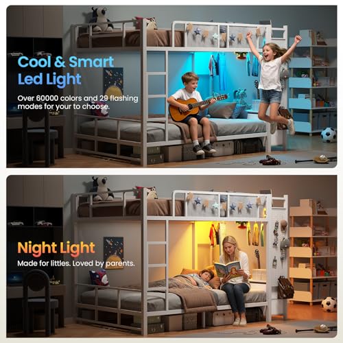 Itaar Metal Bunk Bed Full Over Full with Hall Tree, Power Outlet, LED Bunk Bed with 6 Storage Drawers, Bed with 13‘’ Safety Guardrail & Ladders for Kids and Teen, 400lb Weight Capacity, White Itaar