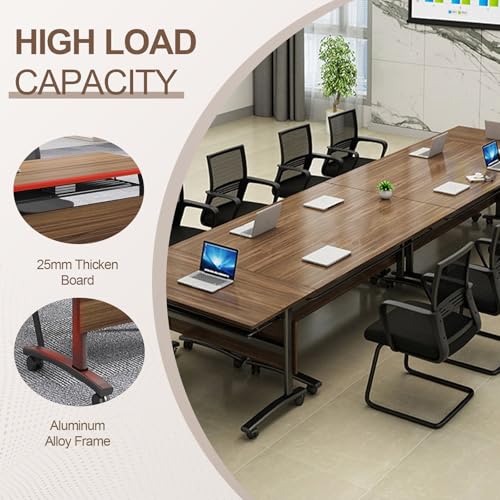 Folding Conference Room Table, Modern Conference Tables with Wheels, Large Rectangular Mobile Training Tables for Office Classroom, Foldable Modular Boardroom Seminar Table Walnut (4pack L63in) JNMDLAKO
