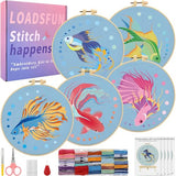 LOADSFUN 5 Pack Embroidery Kit for Beginners - Needlepoint Kits for Adults Step by Step Instructions with Video Tutorials, Full Craft Tool Set with Hoop, Needles and Threads (Goldfish)