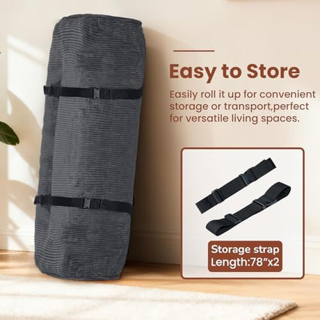 feliz home 10" Futon Mattress Queen Size,Futons Sofa Couch Bed with Straps, Thick Corduroy Floor Mattress for Adults, Roll Up Folding Mattress Shredded Foam Filling, Medium Firm (Gray, Queen) feliz home