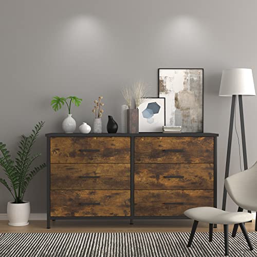 IKENO 6 Drawer Dresser, Industrial Wood Storage Dressers & Chests of Drawers with Sturdy Steel Frame, Storage Dresser for Bedroom Wood (Rustic Brown) - WoodArtSupply