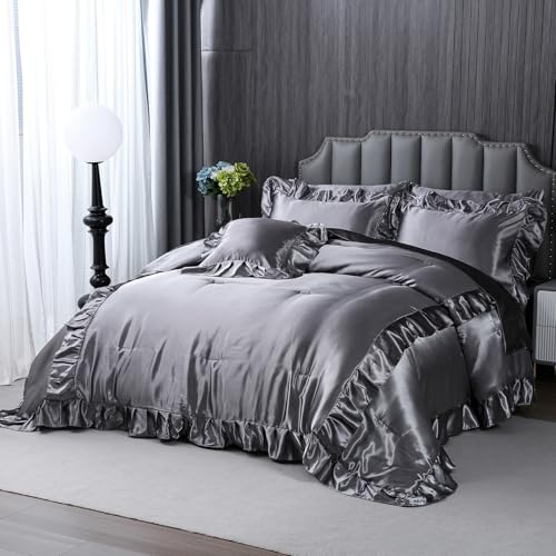 Herside Satin Comforter Set with Sheet Set Queen Size,8 Pieces Grey Ruffle Comforter Silk Like Satin Bedding Set,Soft Smooth Luxury Silky Quilt Set with 1 Cushion Cover All Season Herside