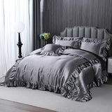 Herside Satin Comforter Set with Sheet Set Queen Size,8 Pieces Grey Ruffle Comforter Silk Like Satin Bedding Set,Soft Smooth Luxury Silky Quilt Set with 1 Cushion Cover All Season Herside
