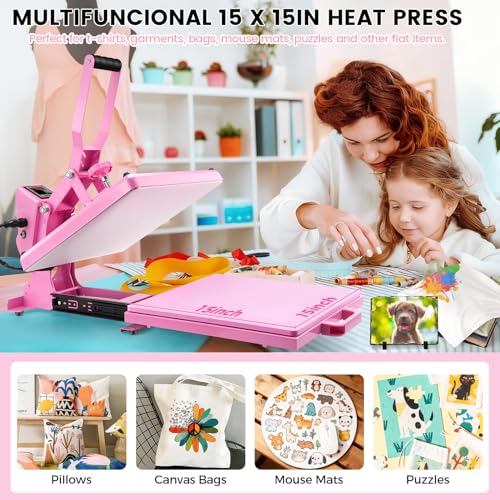 Whubefy Upgraded Heat Press 15x15 Slide Out, Industrial-Quality Digital Sublimation Heat Transfer Machine w/5 DTF Transfer Sheets, Clamshell Heat Press Machine for T-Shirts, Bags, Mouse Pads & More Whubefy