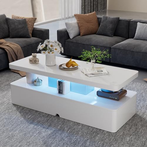 oneinmil Modern Stylish Coffee Table with 16 Colors LED Lights, Double-Layer Design for Living Room, White - WoodArtSupply