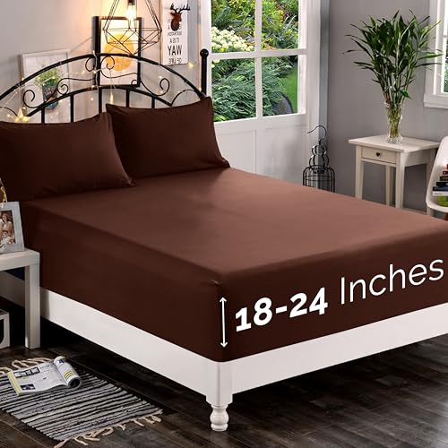 Elegant Comfort 1500 Premium Quality Fitted Sheet Ultra Soft 18-24 Inch Extra Deep Pocket - Single Fitted Sheet for High Mattress - Wrinkle Free with Smart Storage Pockets, King, Chocolate Brown Elegant Comfort