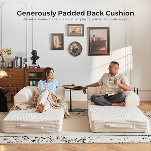 79" Convertible Sofa Bed No Assembly, 5-in-1 Sleeper with Fixed Frame & Corduroy Cloud Cushion, Foldable Futon Couch for Small Apartment, Guest Room, Office (Beige White) Bsxupke