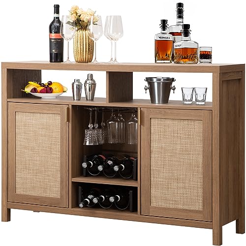 SICOTAS Coffee Bar Cabinet, 51" Rattan Sideboard Buffet Cabinet with Storage, Boho Farmhouse Liquor Cabinet with Wine Racks Credenza Console Table for Home Living Dining Room Entryway, Natura - WoodArtSupply