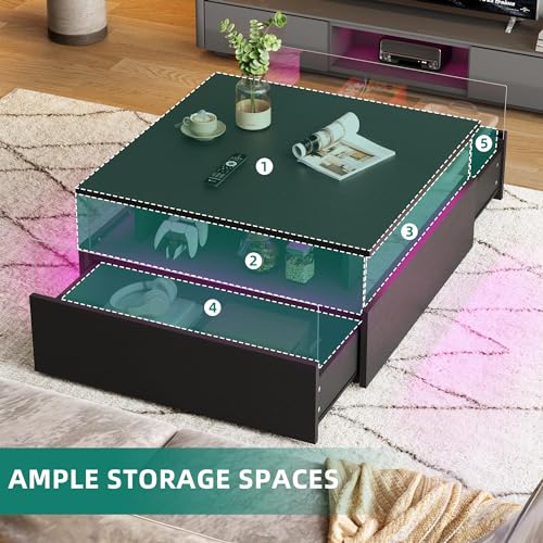 YITAHOME Coffee Table, Coffee Tables for Living Room with Storage, Square Coffee Table with 2 Sliding Drawers, Modern Coffee Table with LED Light, Acrylic Wood Center Table, Black - WoodArtSupply